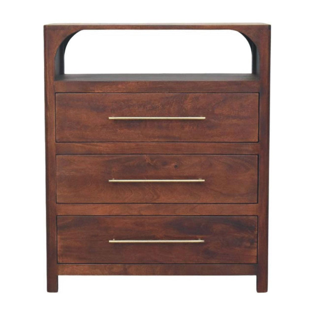 Solid Wood 3 Drawer Chest with Arched Edge Design.