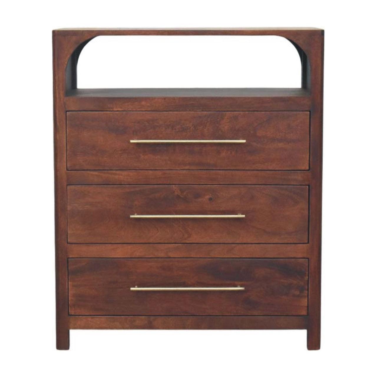 Solid Wood 3 Drawer Chest with Arched Edge Design.