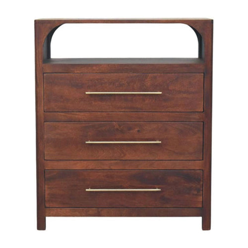 Solid Wood 3 Drawer Chest with Arched Edge Design.