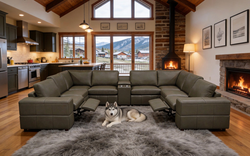 Olive Green Leather Match 8-Seater Sectional with Dual Recliners