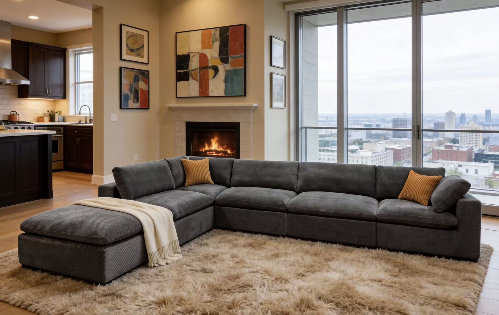 Modern charcoal gray modular sectional sofa with textured upholstery, two orange toss pillows, and a cream throw blanket.