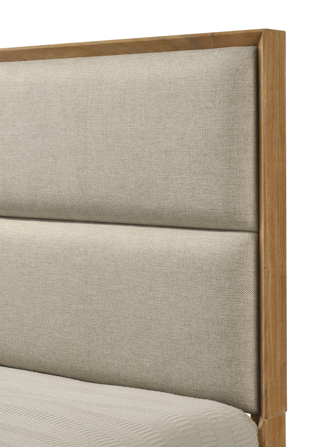 Close-up of the King Storage Platform Bed's upholstered headboard with soft beige fabric and natural wood trim for a modern bedroom look.