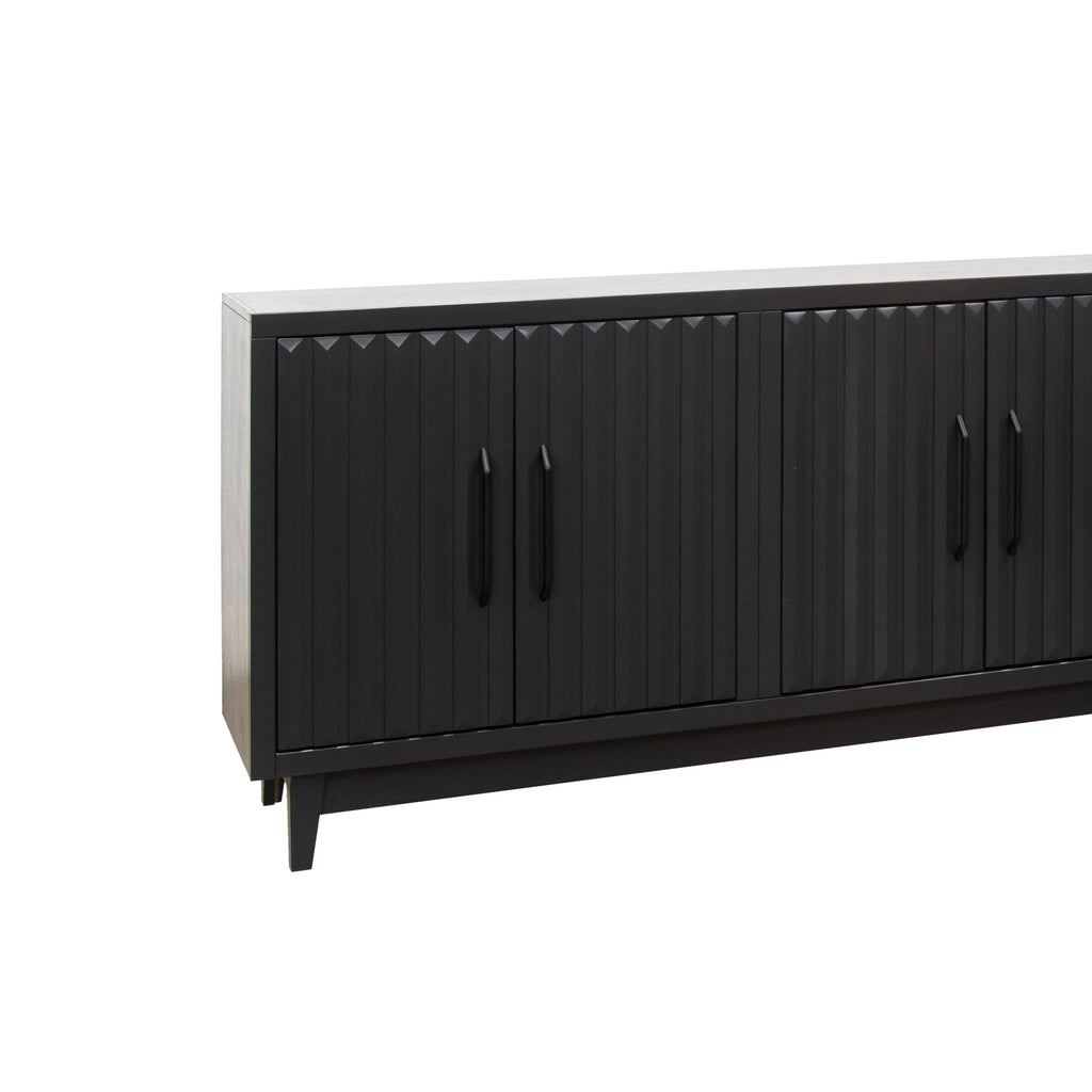 Side angle of 64 inch black cabinet showing textured door design. Fully assembled and crafted for modern storage needs.