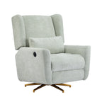 Power recliner chair with 360 swivel and gold base, upholstered in soft boucle, shown in angled view highlighting side control button.