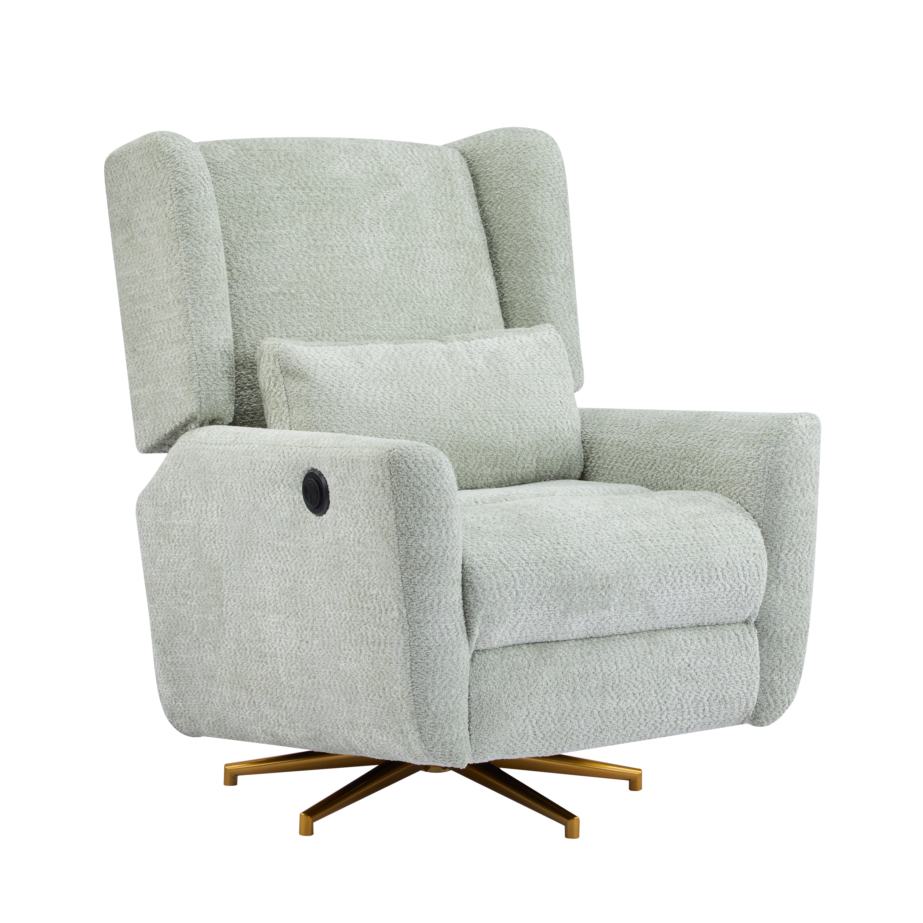 Power recliner chair with 360 swivel and gold base, upholstered in soft boucle, shown in angled view highlighting side control button.