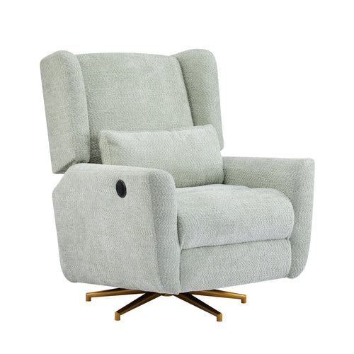 Power recliner chair with 360 swivel and gold base, upholstered in soft boucle, shown in angled view highlighting side control button.