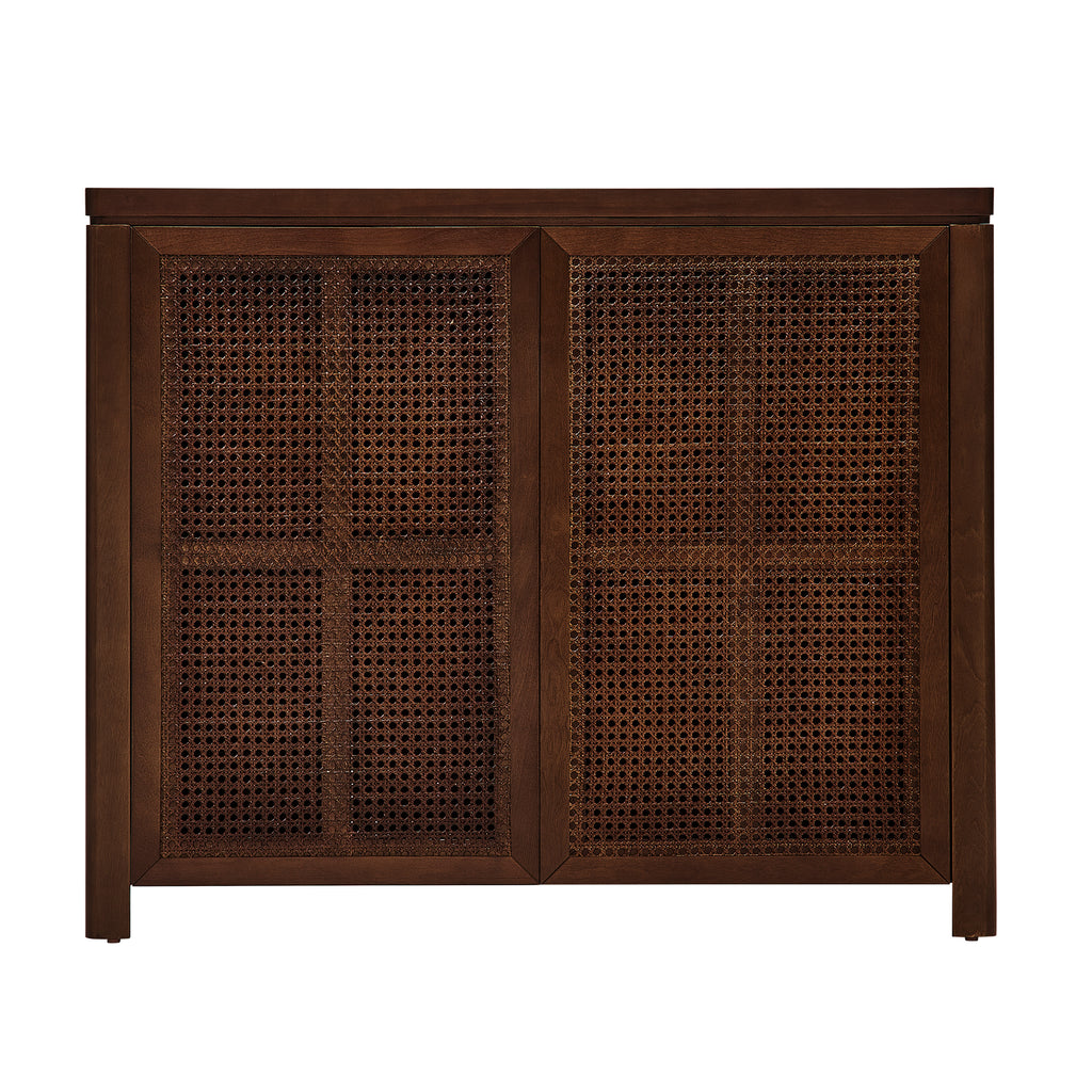 Front view of Mid Century Rattan Sideboard Cabinet with symmetrical rattan doors and clean walnut wood frame.
