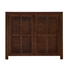 Front view of Mid Century Rattan Sideboard Cabinet with symmetrical rattan doors and clean walnut wood frame.