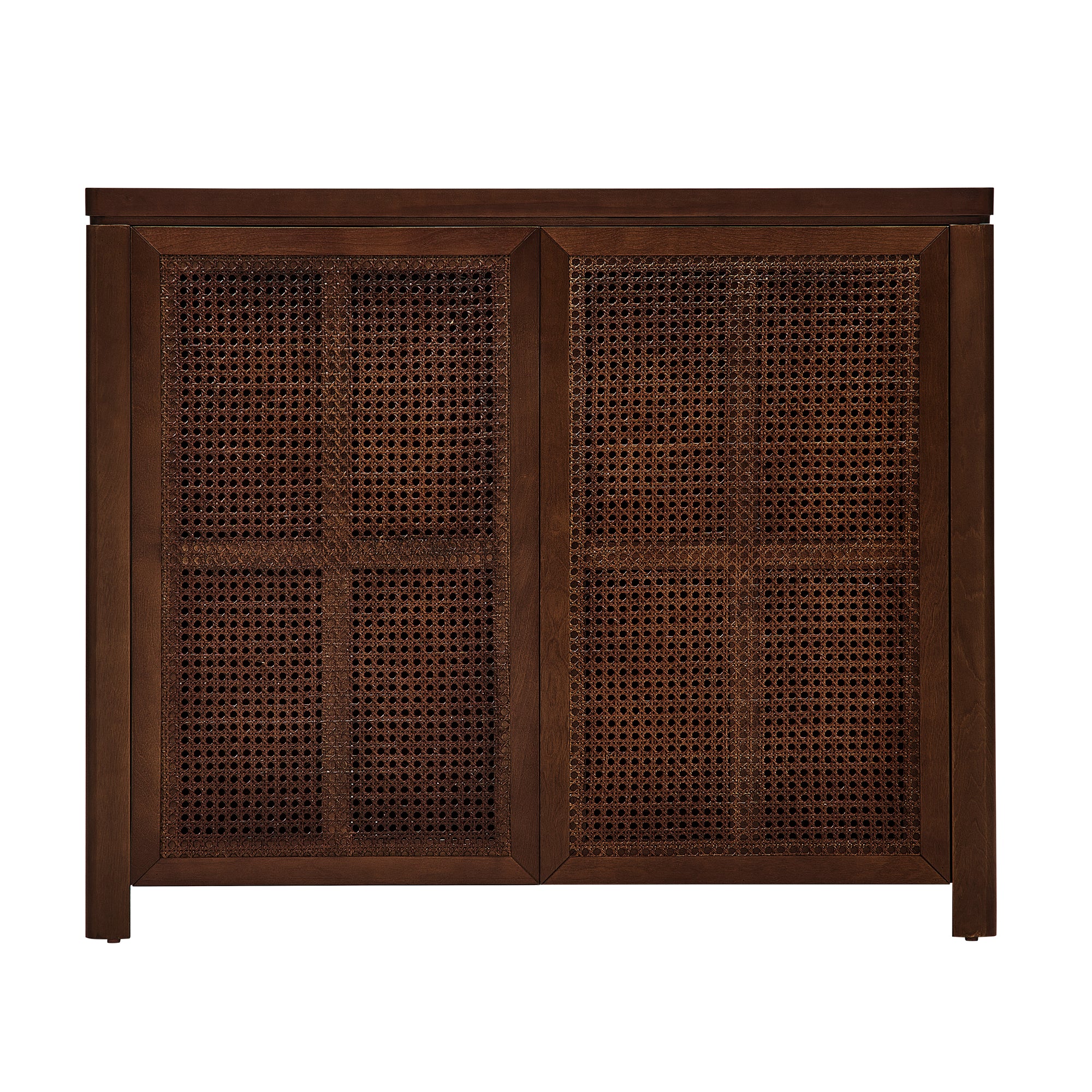 Front view of Mid Century Rattan Sideboard Cabinet with symmetrical rattan doors and clean walnut wood frame.