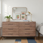 Walnut dresser six drawers in modern bedroom with mirror and decor. No assembly needed, ideal for stylish bedroom storage.