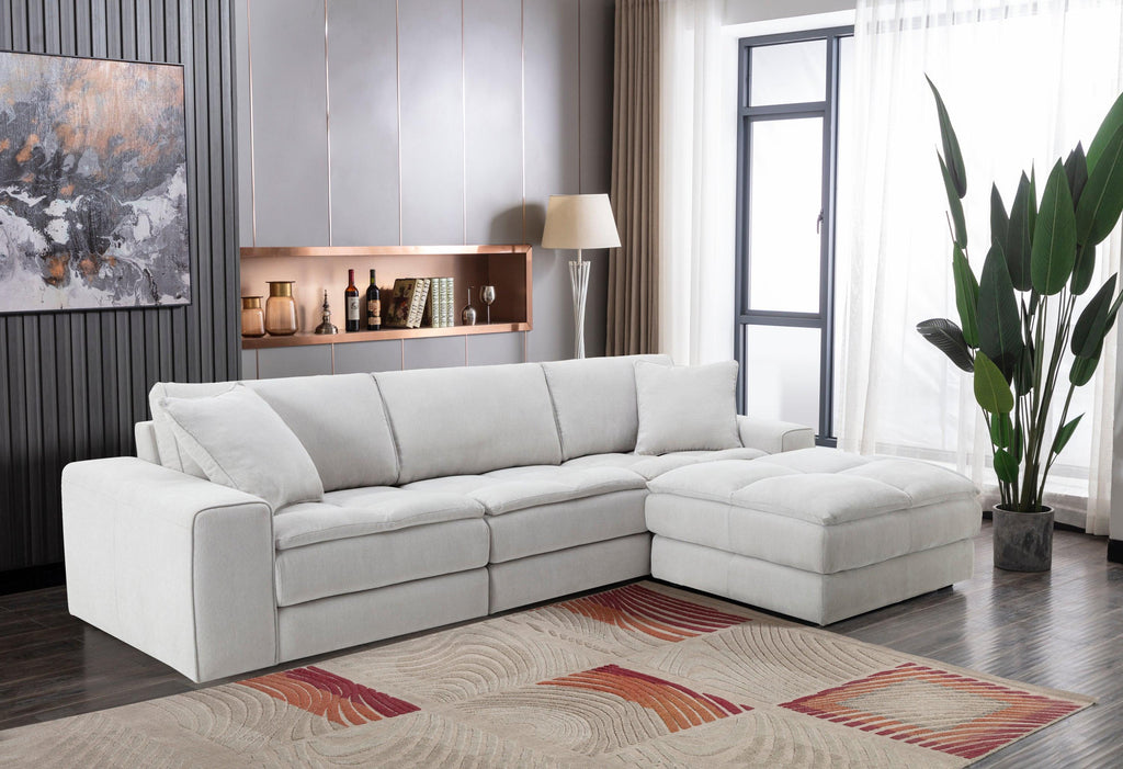 Breton Modern Tufted Sofa with Ottoman in Oyster Grey.