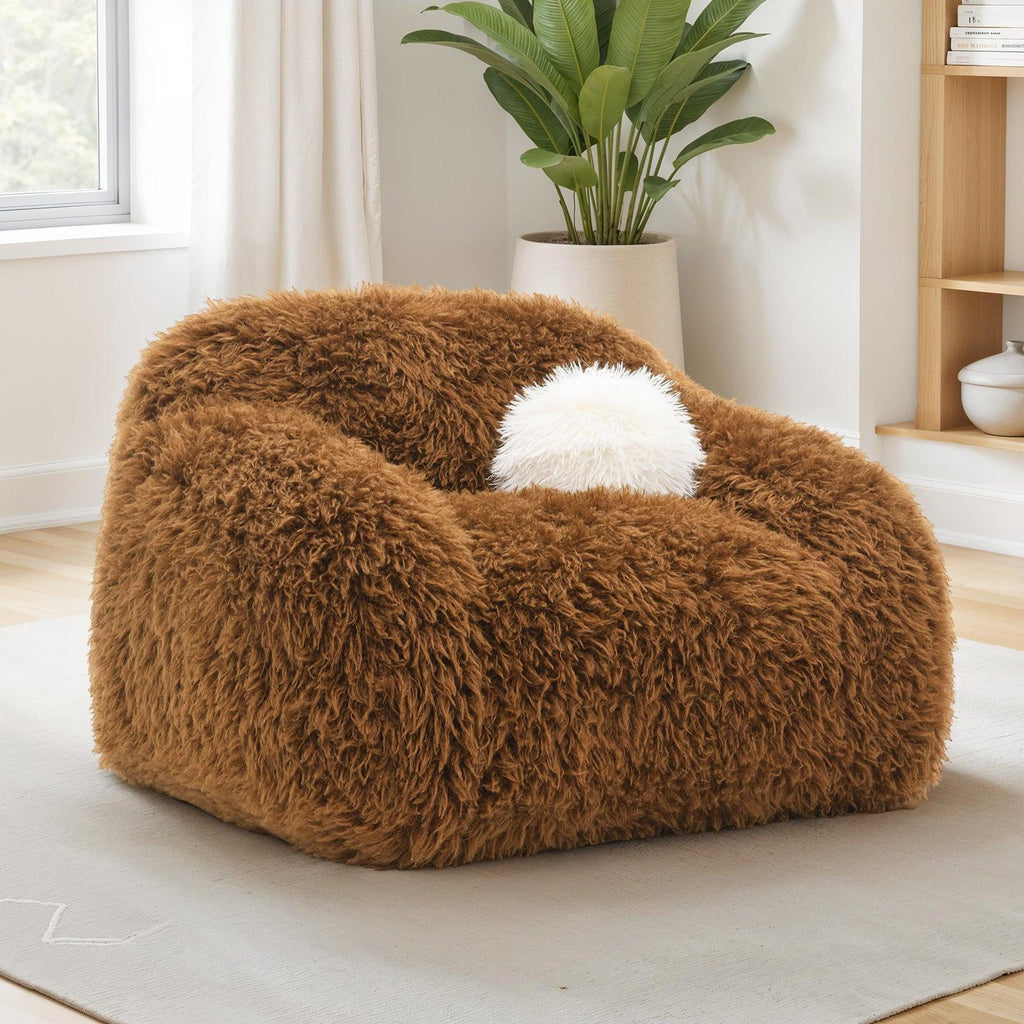 Camel Brown Faux Fur Accent Swivel Chair with Pillow.