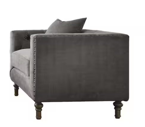 Back angle of Sidonia Gray Velvet Chair with Pillow showcasing deep gray velvet fabric and traditional turned wood legs for timeless seating style.