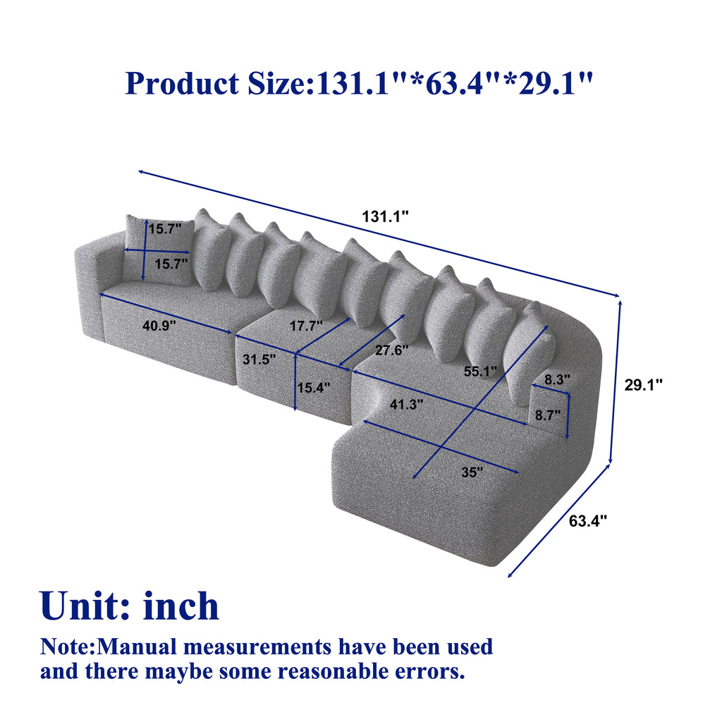 Chenille Sectional Sofa - Modular L-Shaped Sofa dimensions chart in inches, showing curved design and detailed measurements for each section.