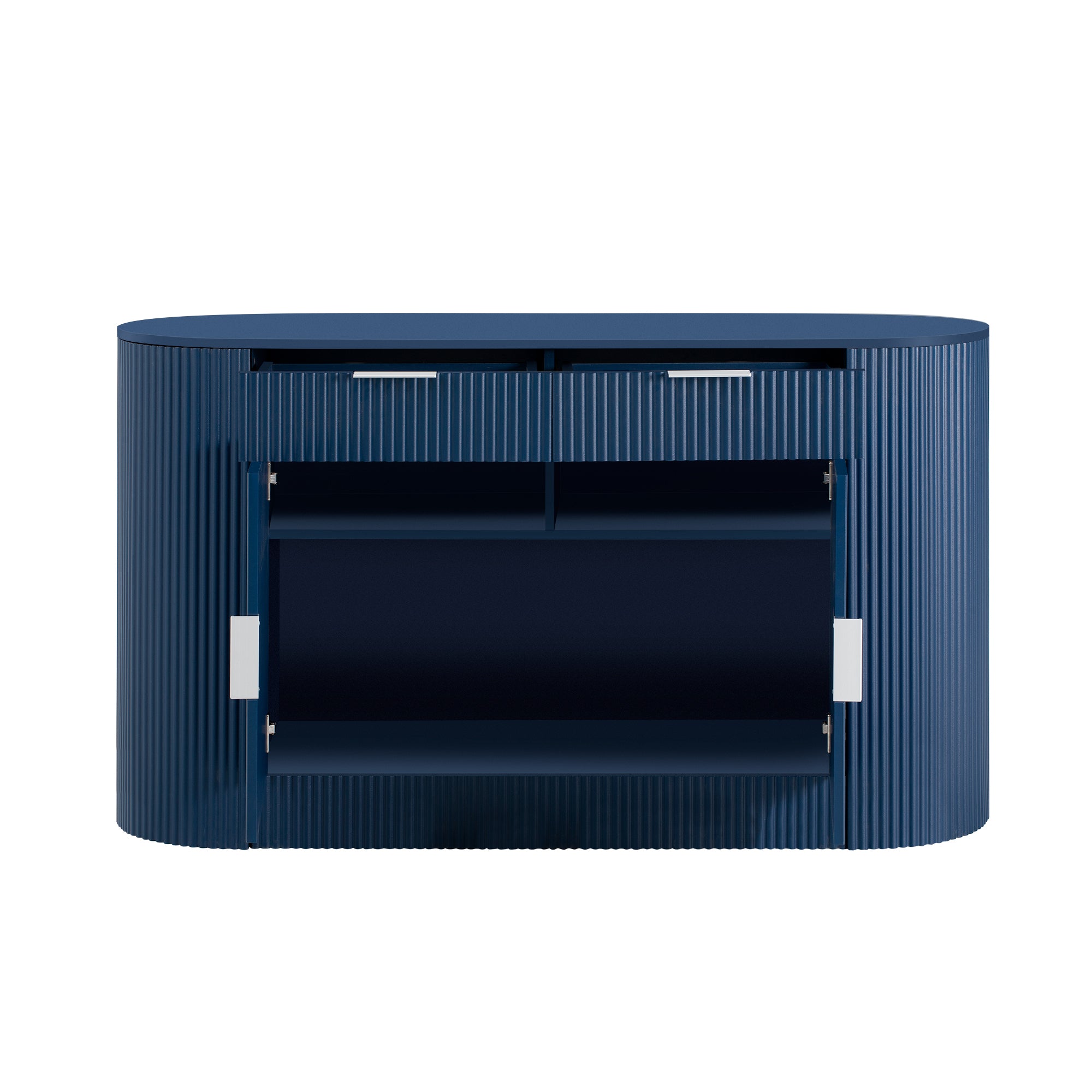 Modern MDF storage cabinet with open drawers and doors, revealing internal compartments and shelves for organized storage.