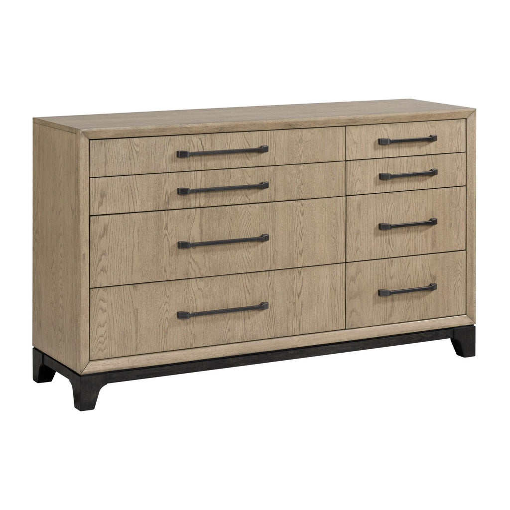 Caramel and Cocoa 8-Drawer Dresser with Black Feet and Metal Pulls in Brown Wood, 64-Inch Width.