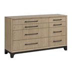 Caramel and Cocoa 8-Drawer Dresser with Black Feet and Metal Pulls in Brown Wood, 64-Inch Width.
