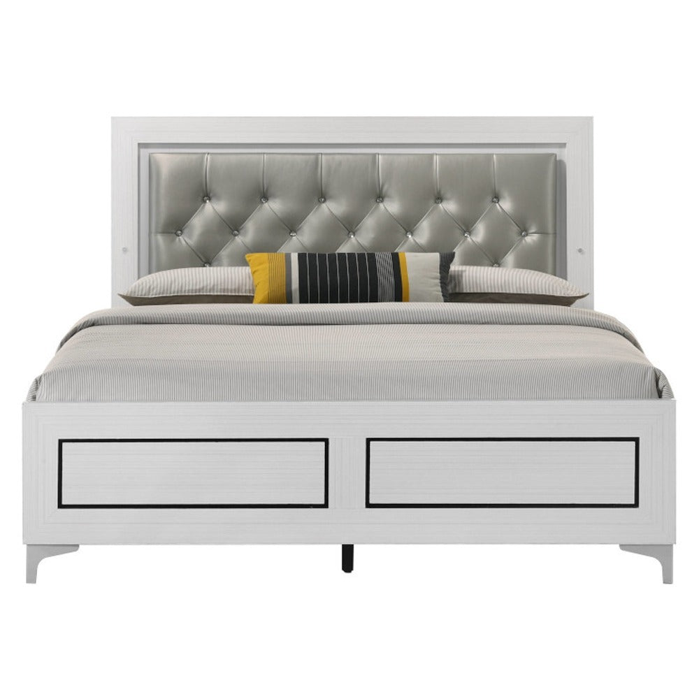 King Size Platform Bed LED Headboard - Modern Style with tufted faux leather headboard and white wood frame, ideal for contemporary bedrooms.