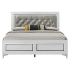Queen platform bed with LED headboard in gray faux leather and white wood, featuring chrome legs and tufted upholstery for modern bedrooms.