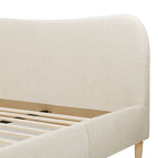 Close-up of Beige Upholstered Platform Bed with Curved Headboard showing textured chenille fabric and smooth headboard curvature.