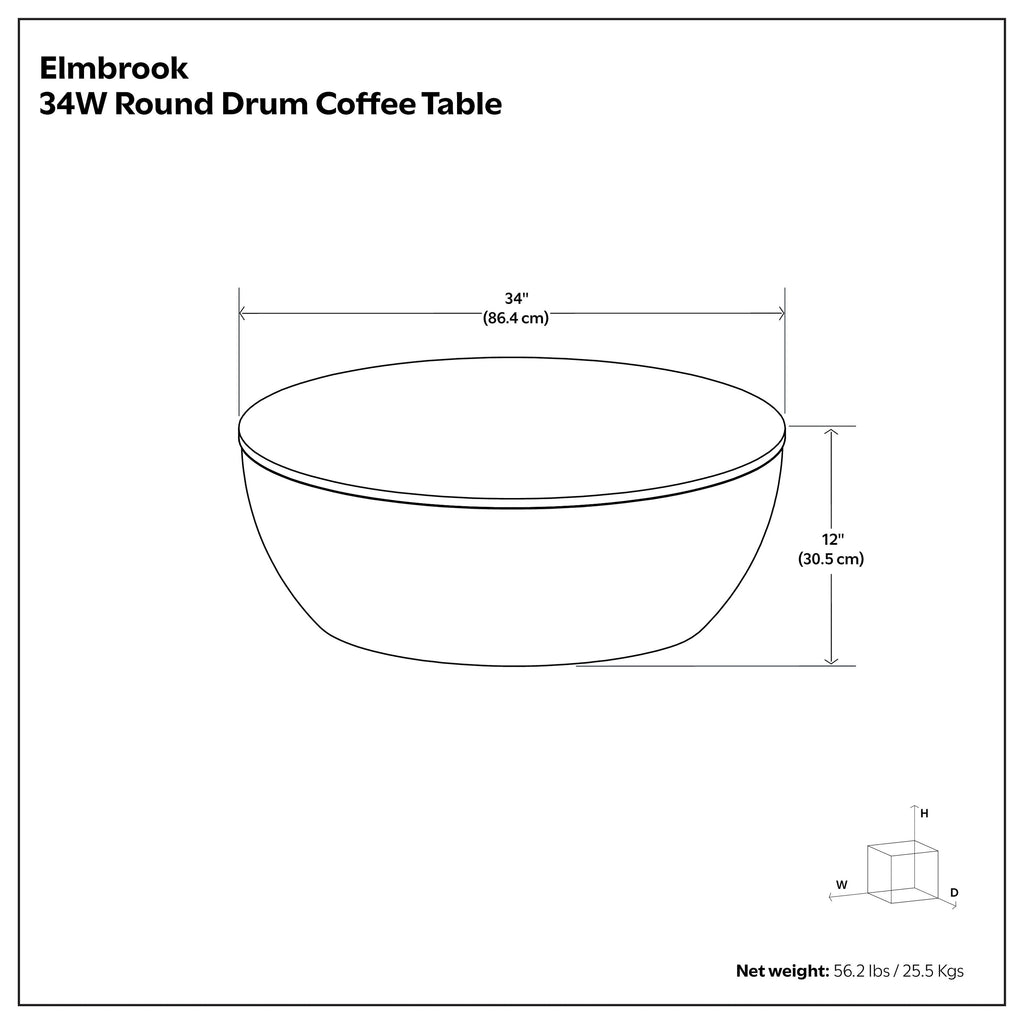 Dimension diagram of the Elmbrook Drum Coffee Table showing 34-inch diameter and 12-inch height, crafted from solid mango wood for durability.