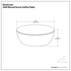 Dimension diagram of the Elmbrook Drum Coffee Table showing 34-inch diameter and 12-inch height, crafted from solid mango wood for durability.