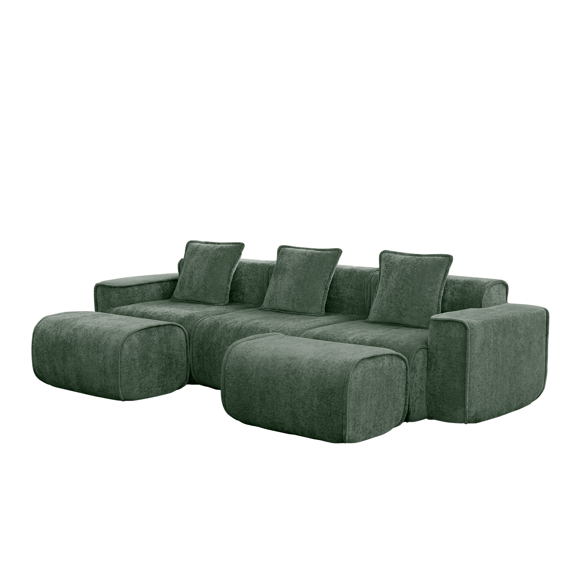 Side angle of Velvet Modular U Shape Sofa - 3 Seats with Pillows and Ottomans, emphasizing its oversized seating and plush comfort.