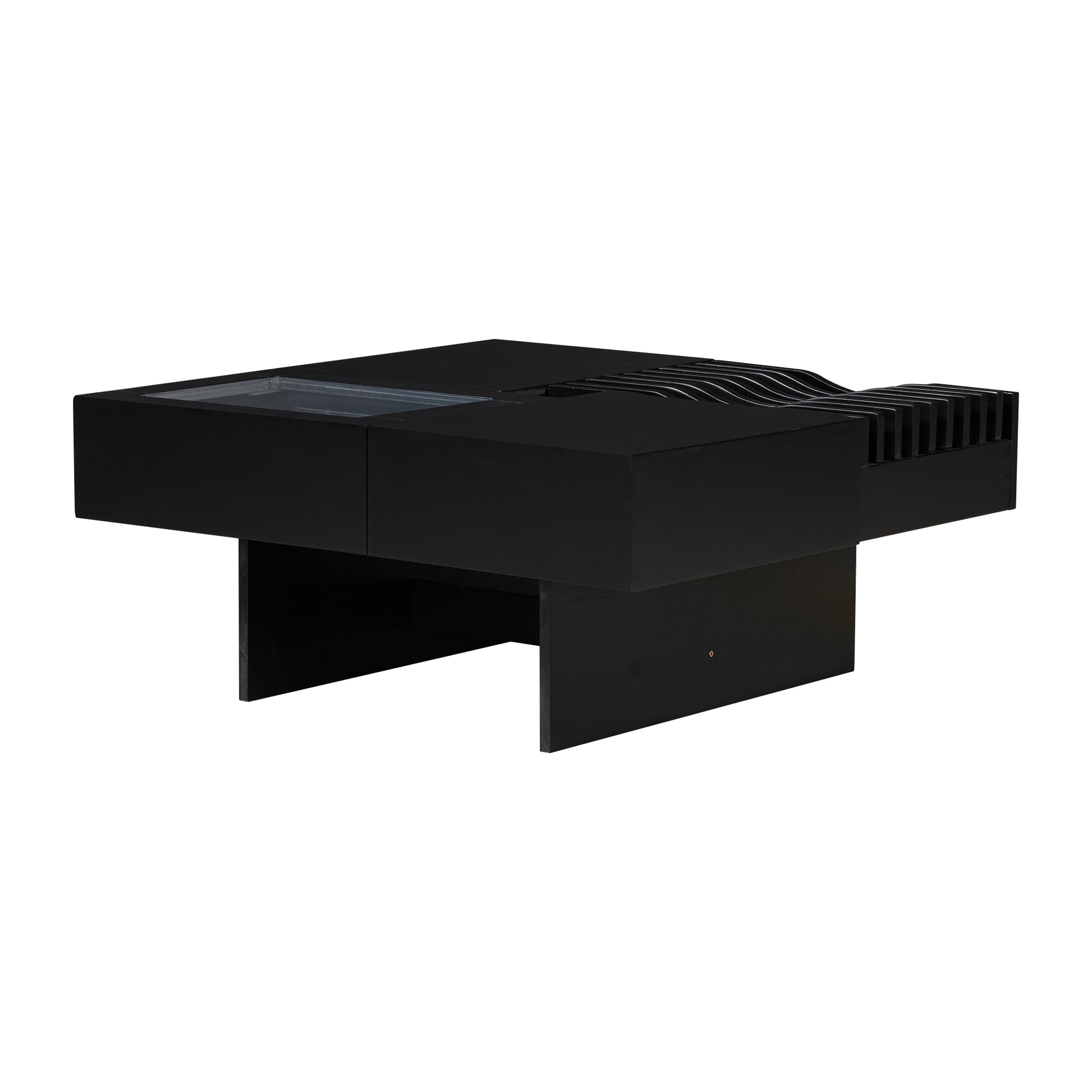 U-Can 33''Mid Century Modern Coffee Table,Unique Square Wooden Coffee Table with 3 Drawers, Tempered glass and Solid Wood Legs for Living Room