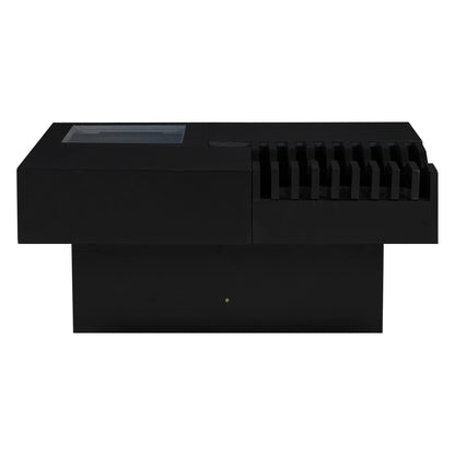 U-Can 33''Mid Century Modern Coffee Table,Unique Square Wooden Coffee Table with 3 Drawers, Tempered glass and Solid Wood Legs for Living Room