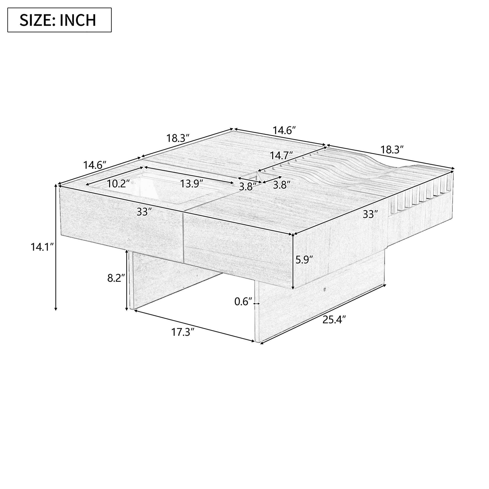 U-Can 33''Mid Century Modern Coffee Table,Unique Square Wooden Coffee Table with 3 Drawers, Tempered glass and Solid Wood Legs for Living Room