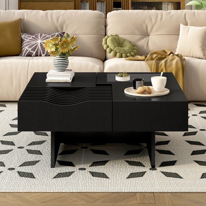 U-Can 33''Mid Century Modern Coffee Table,Unique Square Wooden Coffee Table with 3 Drawers, Tempered glass and Solid Wood Legs for Living Room