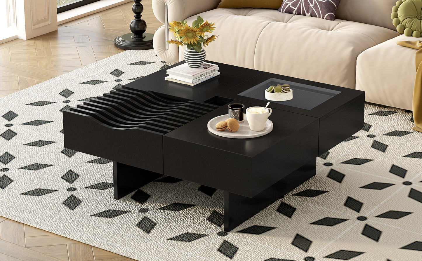 U-Can 33''Mid Century Modern Coffee Table,Unique Square Wooden Coffee Table with 3 Drawers, Tempered glass and Solid Wood Legs for Living Room