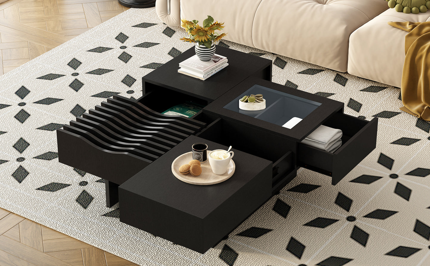 U-Can 33''Mid Century Modern Coffee Table,Unique Square Wooden Coffee Table with 3 Drawers, Tempered glass and Solid Wood Legs for Living Room