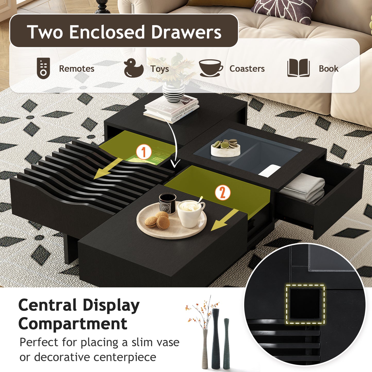 U-Can 33''Mid Century Modern Coffee Table,Unique Square Wooden Coffee Table with 3 Drawers, Tempered glass and Solid Wood Legs for Living Room