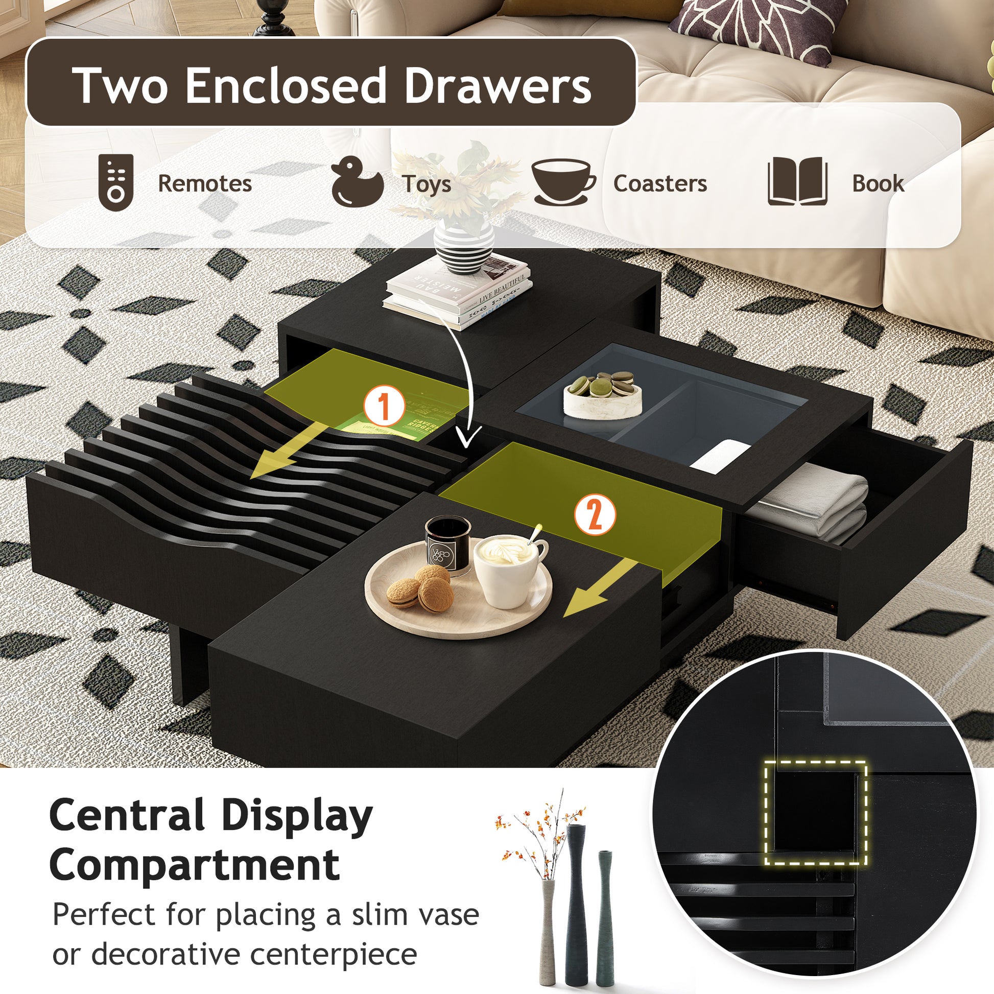 U-Can 33''Mid Century Modern Coffee Table,Unique Square Wooden Coffee Table with 3 Drawers, Tempered glass and Solid Wood Legs for Living Room