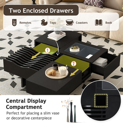 U-Can 33''Mid Century Modern Coffee Table,Unique Square Wooden Coffee Table with 3 Drawers, Tempered glass and Solid Wood Legs for Living Room