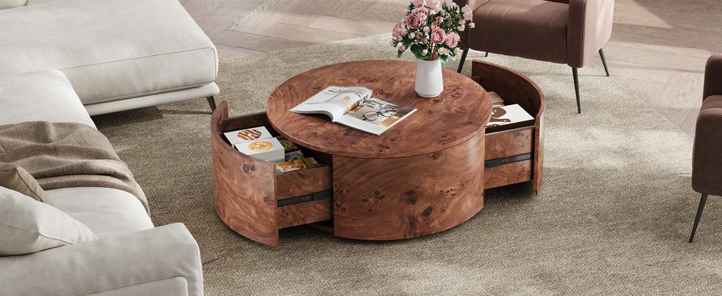 Burl Wood Coffee Table with Drawers - 360° Rotating Top.