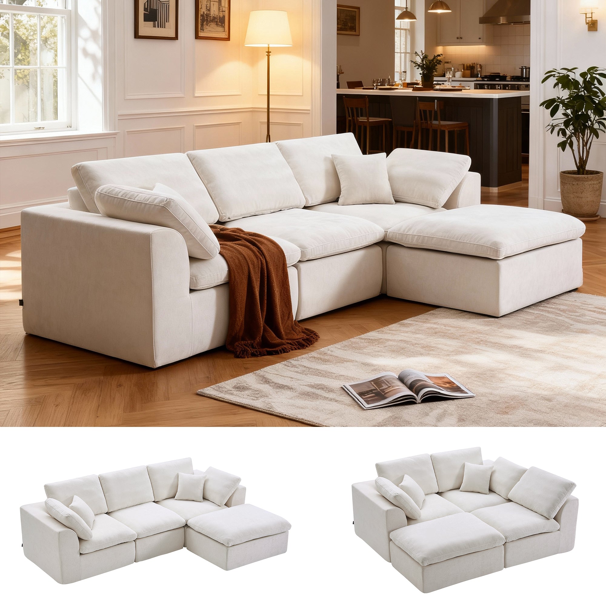 L-Shaped Sectional Sofa with Chaise in various modular setups, showcasing its adaptability and plush chenille upholstery for home decor.