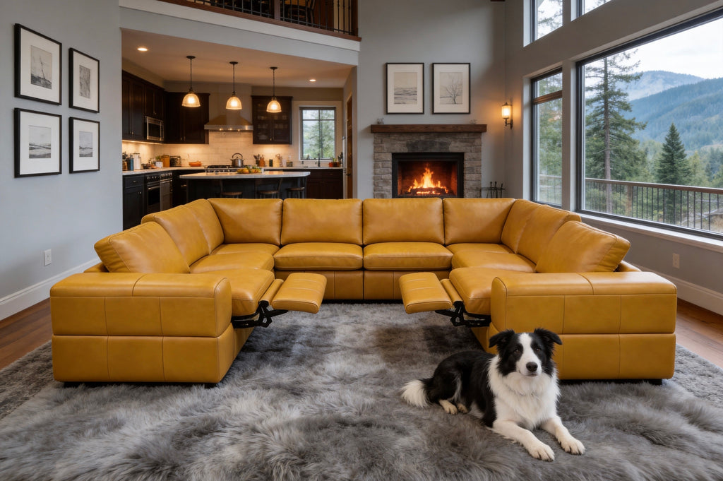 Ginger Leather Match 8-Seater Reclining Sectional with Large Square Arms