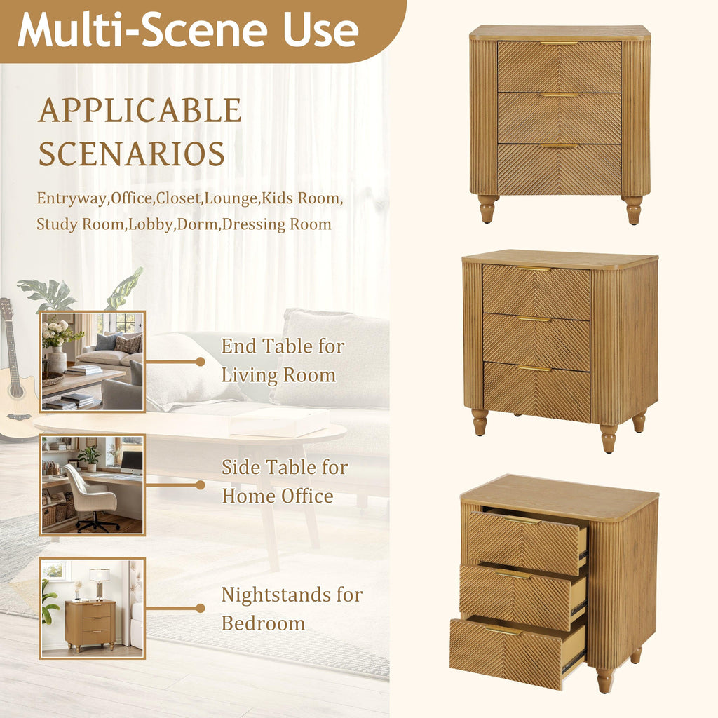 Mid-Century Three Drawer Nightstand for Bedroom and Living Room.