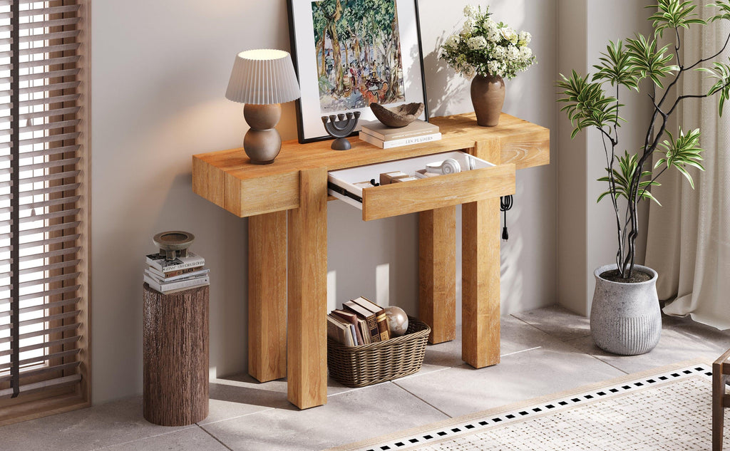 Rustic Wood Console Table with Outlet & Hidden Drawer.