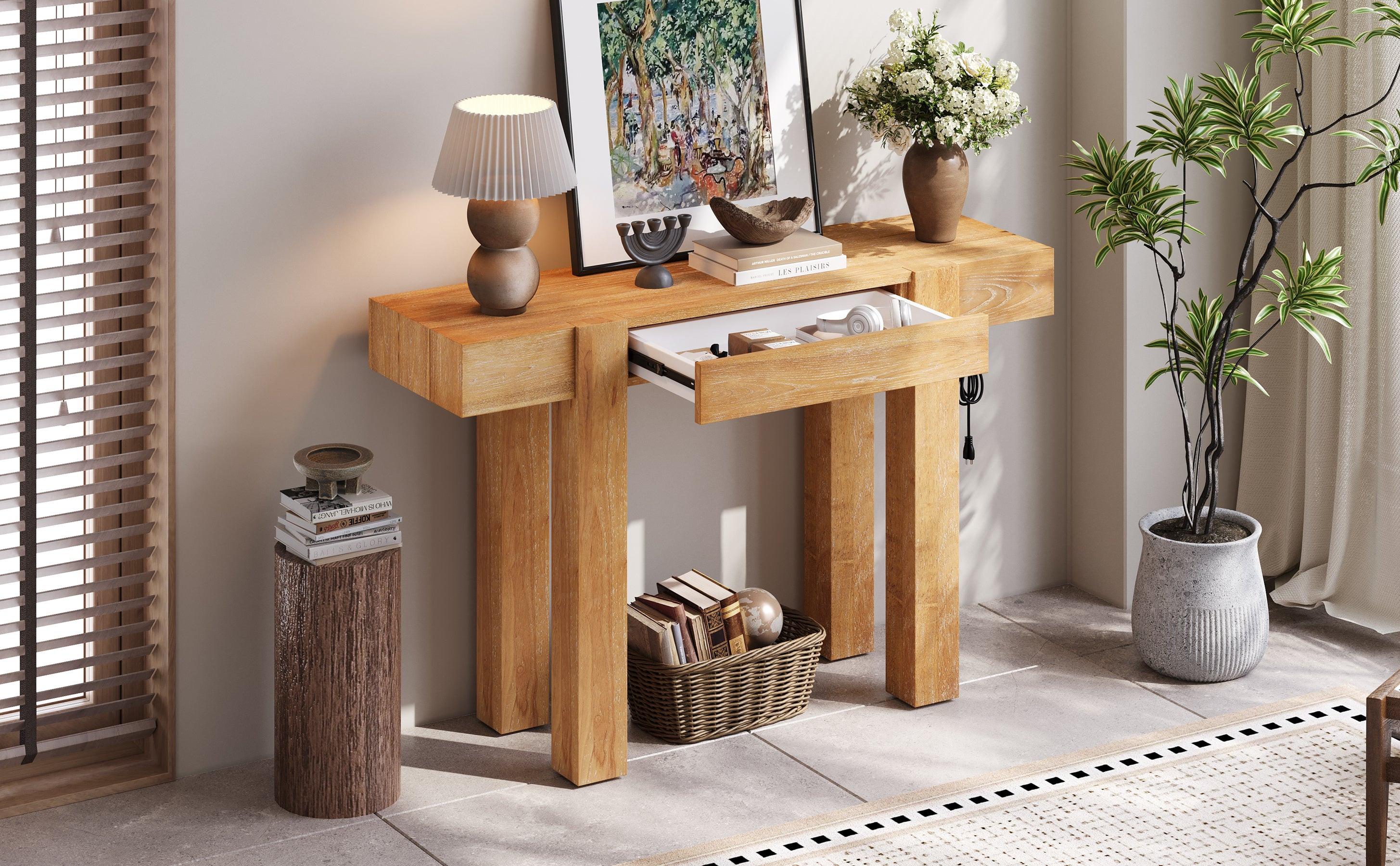 Rustic Wood Console Table with Outlet & Hidden Drawer.