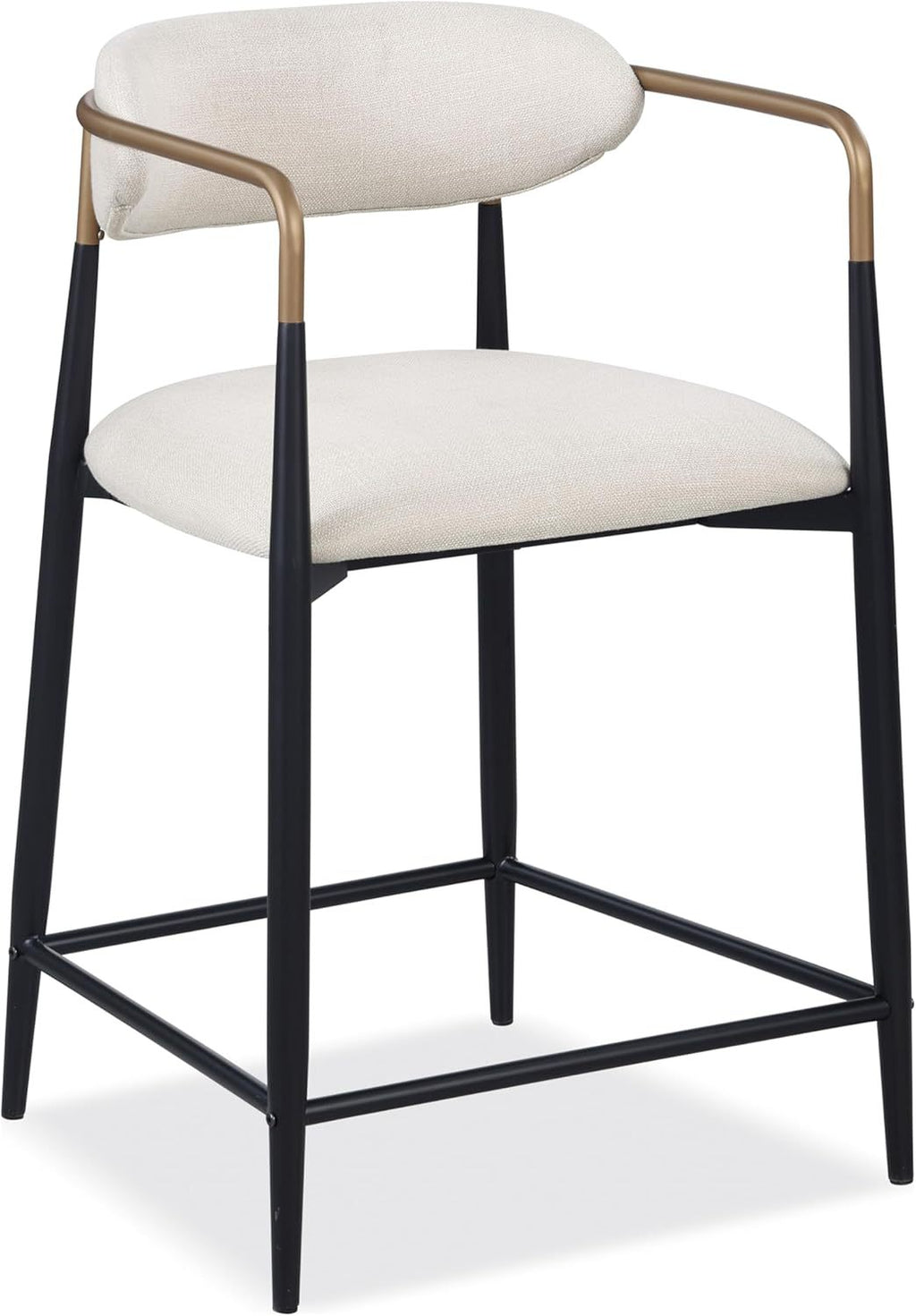 Angled view of a contemporary counter height chair featuring black metal legs, gold arm detailing, and a soft beige upholstered seat.