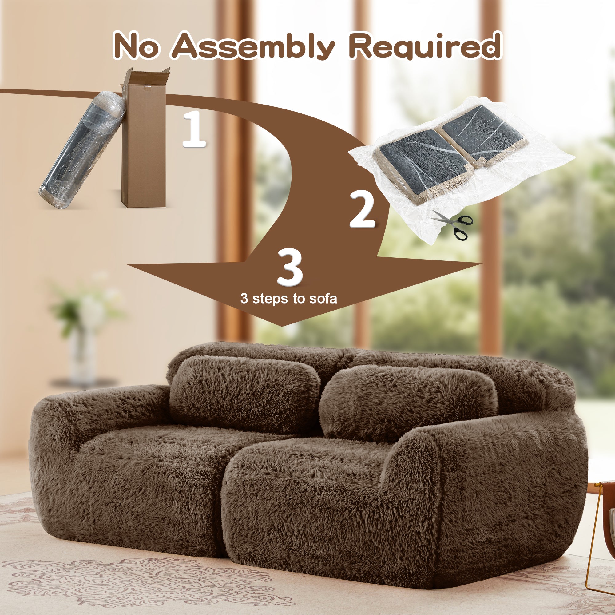 No assembly required 2-seater modular sofa with simple 3-step setup process and compressed packaging.