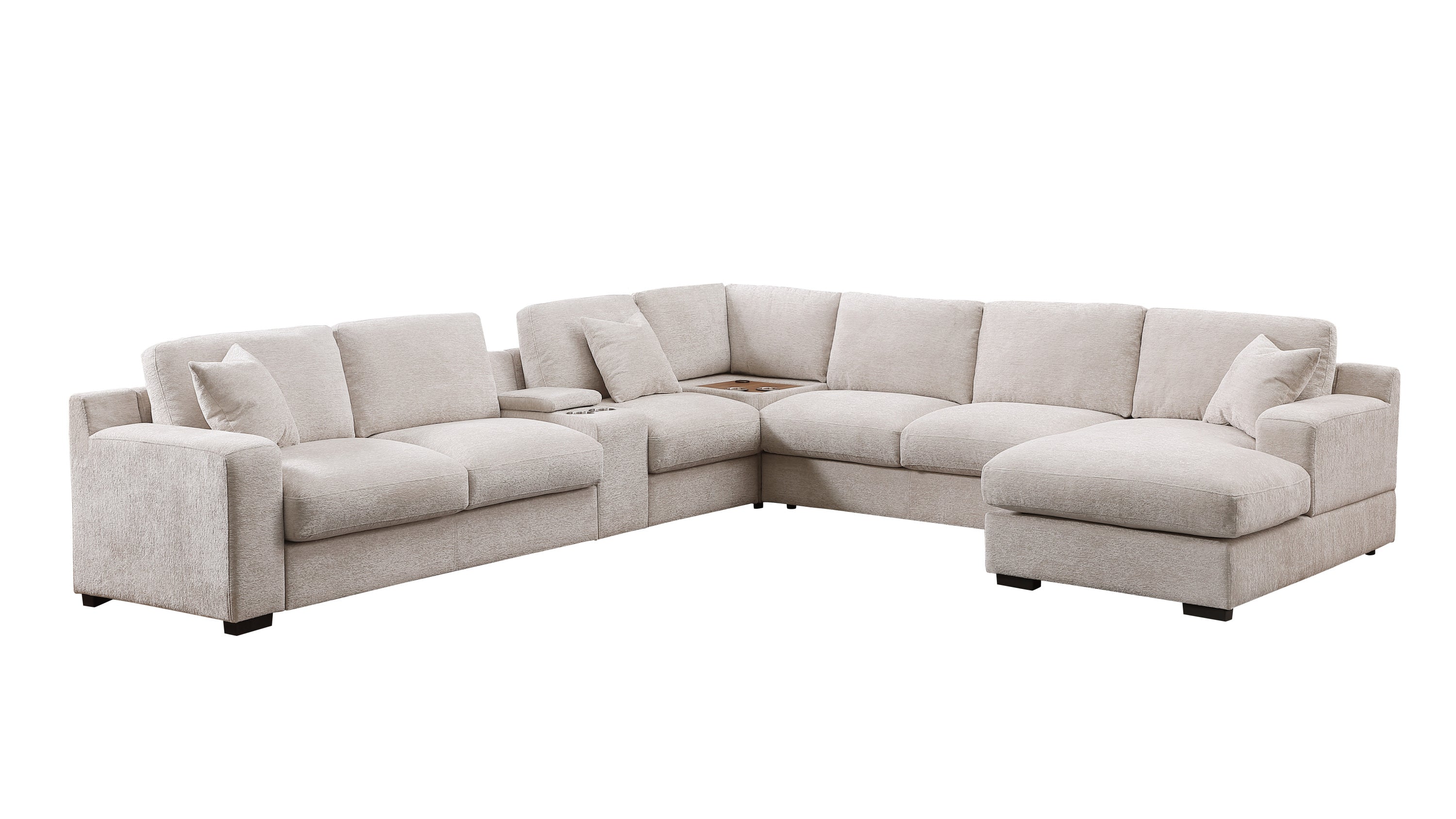 Beige chenille corner sectional sofa with right-facing chaise, cupholders, and USB ports shown on white background.