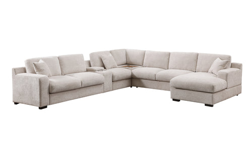 Beige chenille corner sectional sofa with right-facing chaise, cupholders, and USB ports shown on white background.