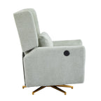 Side profile of 360 swivel power recliner chair with boucle upholstery and gold base, showing built-in power control button.