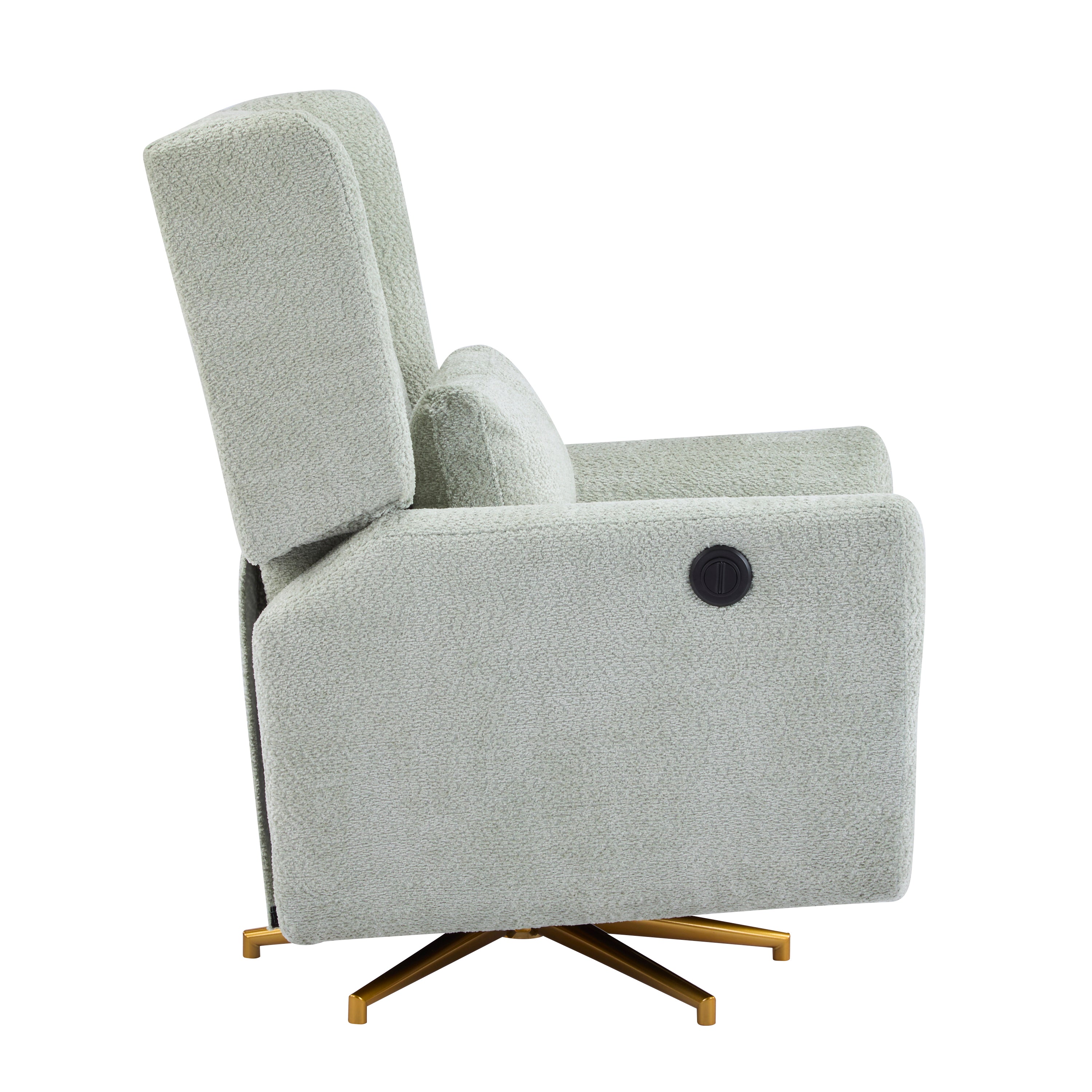 Side profile of 360 swivel power recliner chair with boucle upholstery and gold base, showing built-in power control button.