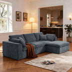 Modern Sectional Couch - Minimalist Sofa with 4 seats in plush chenille fabric, shown in a bright living room with wood flooring and cozy decor.