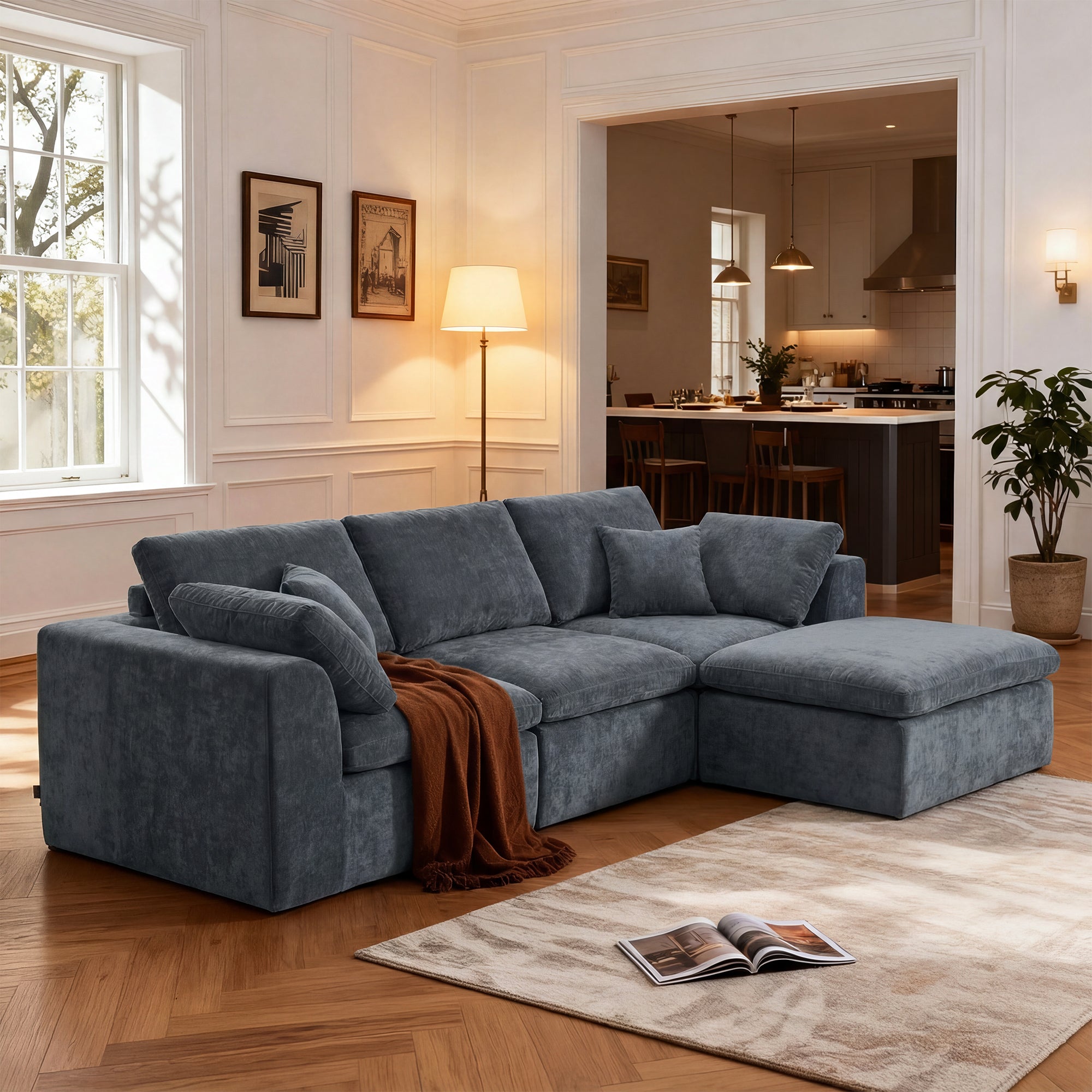 Modern Sectional Couch - Minimalist Sofa with 4 seats in plush chenille fabric, shown in a bright living room with wood flooring and cozy decor.
